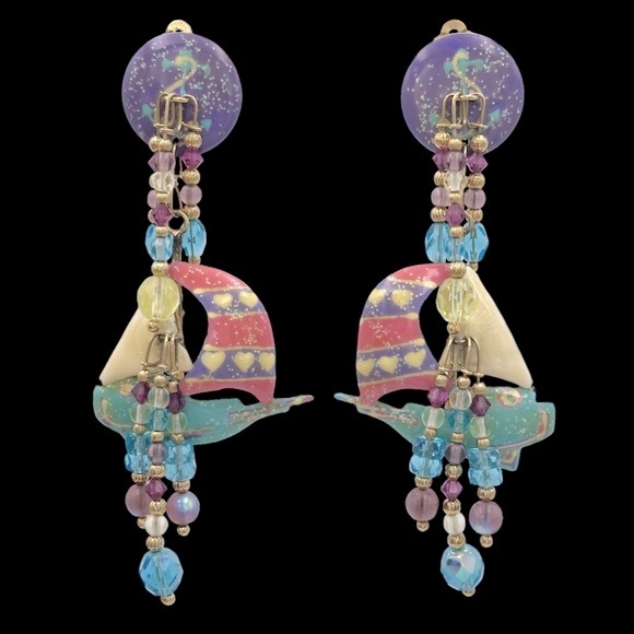 Vintage 1989 Lunch at the Ritz Pastel Colors Sailboat Clip On Earrings 80s